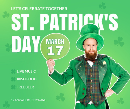 St. Patrick's Day Party Invitation with Red Beard Man in Hat Facebook Design Template