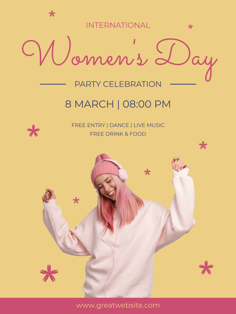 Happy Woman in Headphones on International Women's Day Poster US – шаблон для дизайна