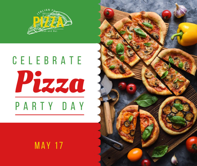 Pizza Party Day tasty slices Facebook Design Template