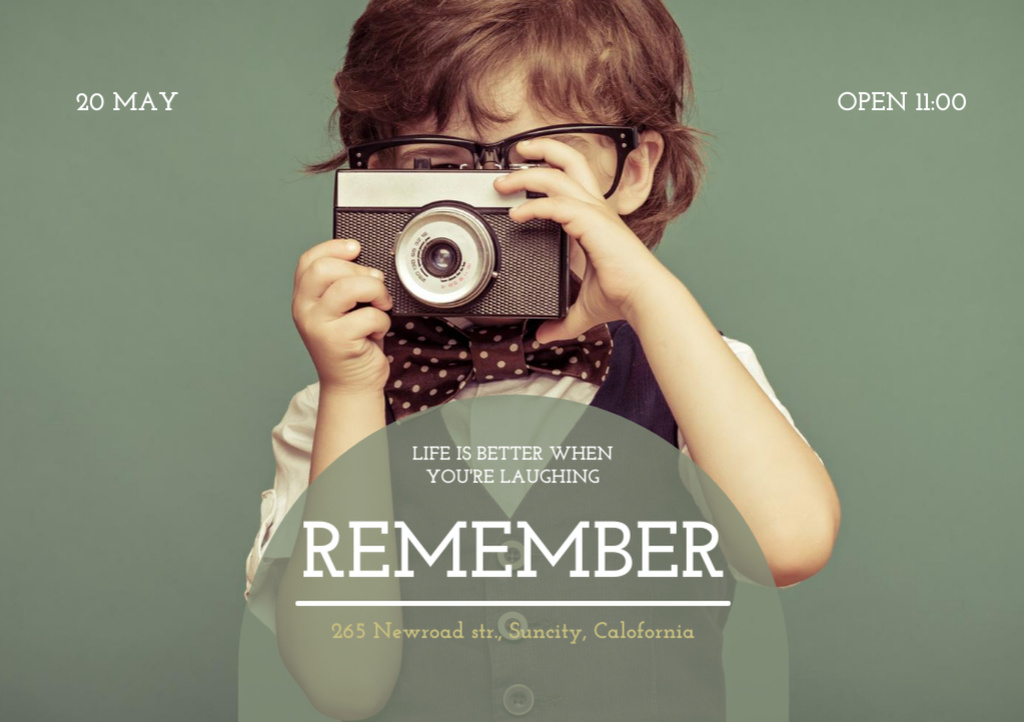 Motivational Quote with Little Boy with Retro Camera Flyer A5 Horizontal Design Template
