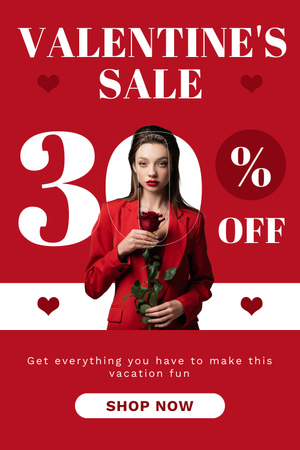 Valentine's Day Sale Announcement with Woman in Red with Rose Pinterest Design Template