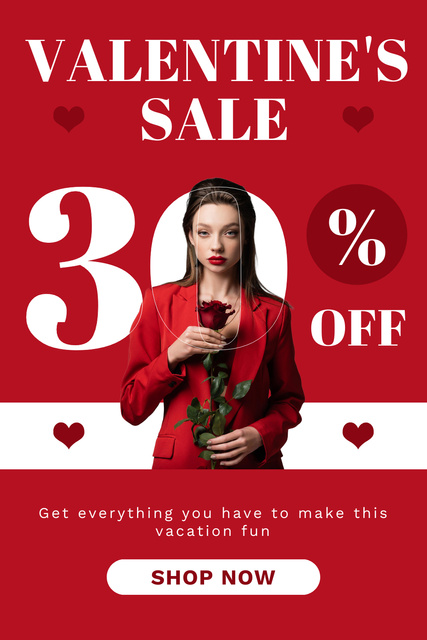 Designvorlage Valentine's Day Sale Announcement with Woman in Red with Rose für Pinterest
