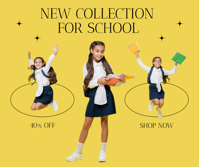 Platilla de diseño Clothes Collections for Schools with Cute Girl Facebook