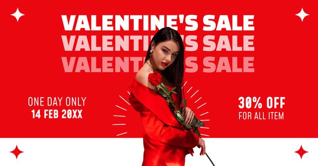 Valentine's Day Sale with Attractive Woman in Bright Red Outfit Facebook AD Design Template