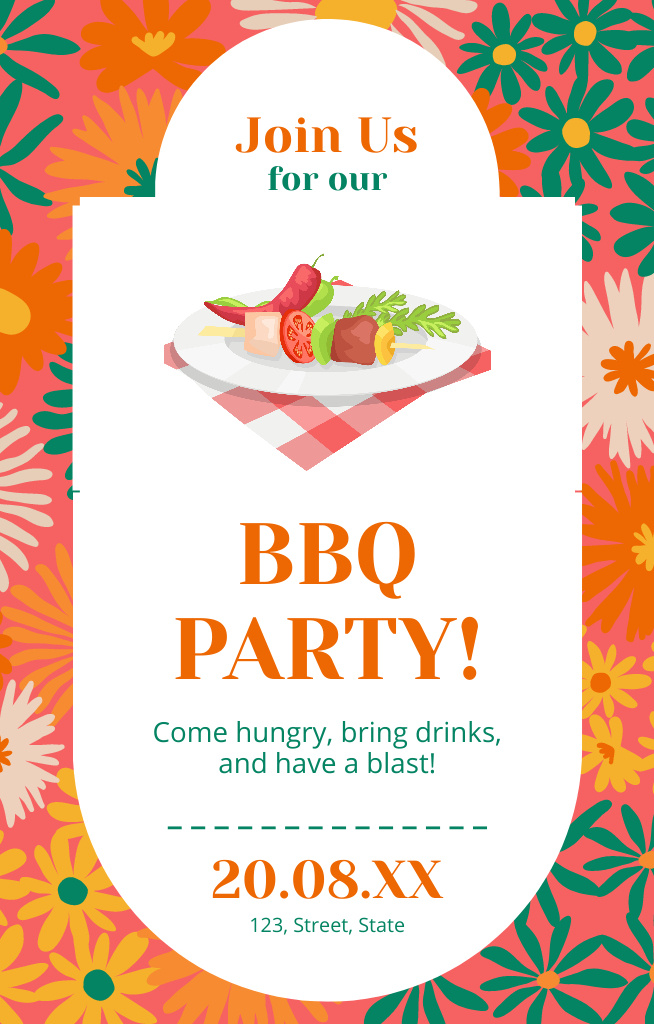 Floral Illustrated Ad of BBQ Party Invitation 4.6x7.2in Design Template