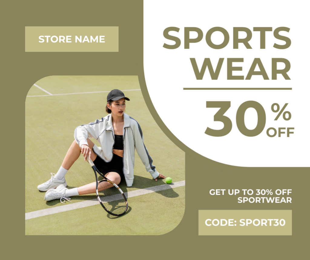Ontwerpsjabloon van Facebook van Discount Offer on Sportswear with Tennis Player