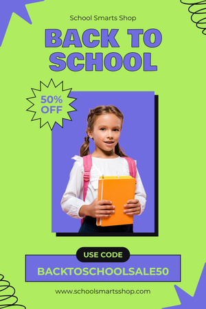 Объявление о школьной распродаже с милой девочкой с книгой Pinterest – шаблон для дизайна