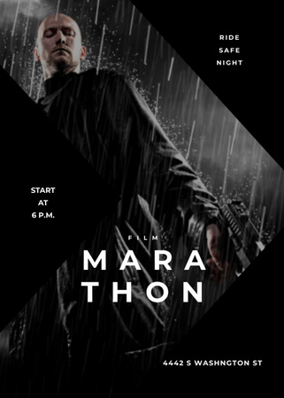 Designvorlage Film Marathon Ad wiht Man with Gun under Rain für Invitation