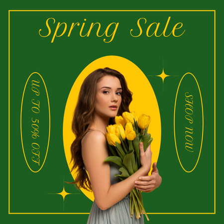 Ontwerpsjabloon van Instagram AD van Spring Sale with Young Woman with Tulips in Yellow and Green
