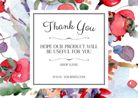 Thank You Message with Watercolor Flowers Painting Card Design Template