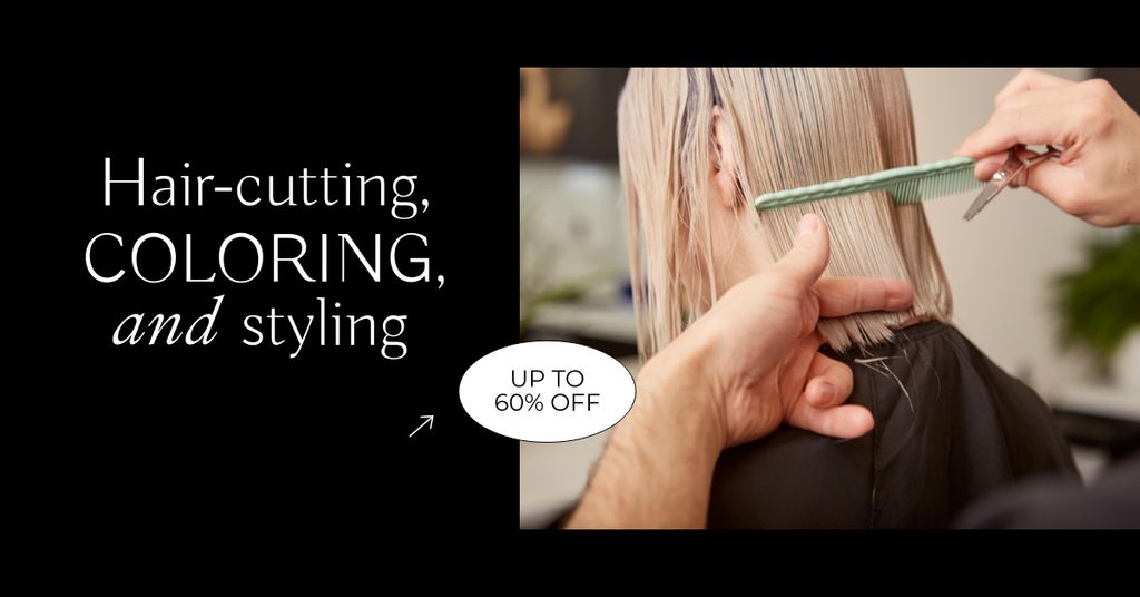 Salon Services Offer with Woman on Hair-Cutting Facebook AD Šablona návrhu
