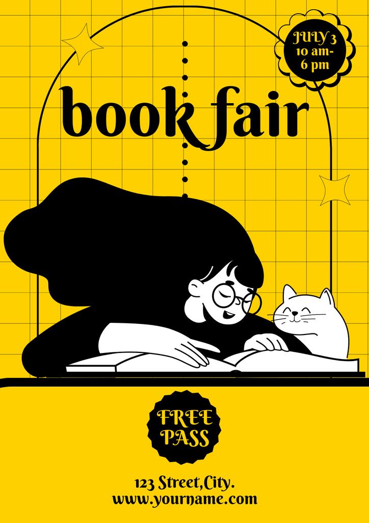 Book Fair Ad with Illustration of Reading Girl Poster Design Template