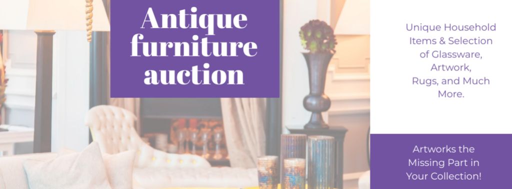Antique Furniture Auction with Vintage Wooden Pieces Facebook cover Design Template