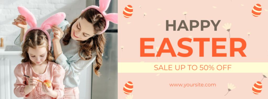 Easter Sale Announcement with Mother and Daughter in Bunny Ears Facebook cover Tasarım Şablonu