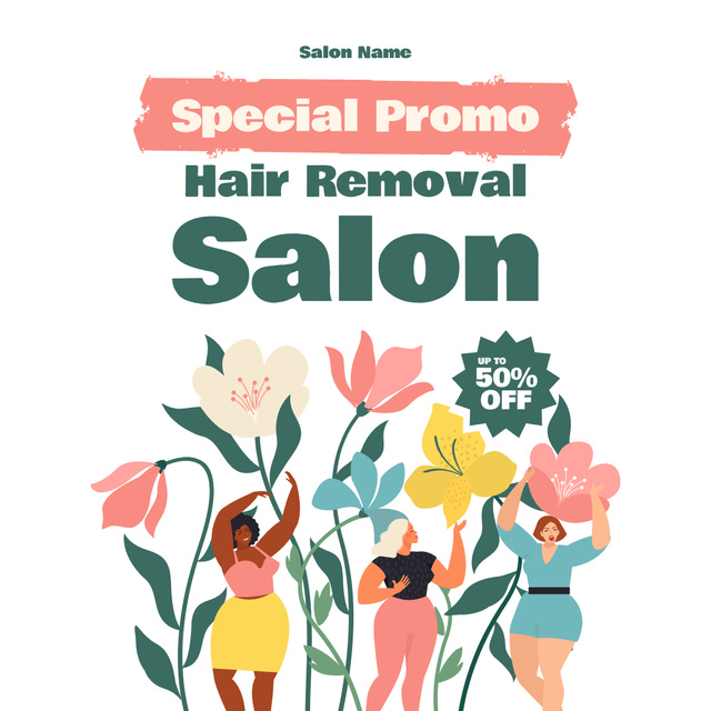 Hair Removal Salon Special Promo with Women and Flowers Instagram Design Template