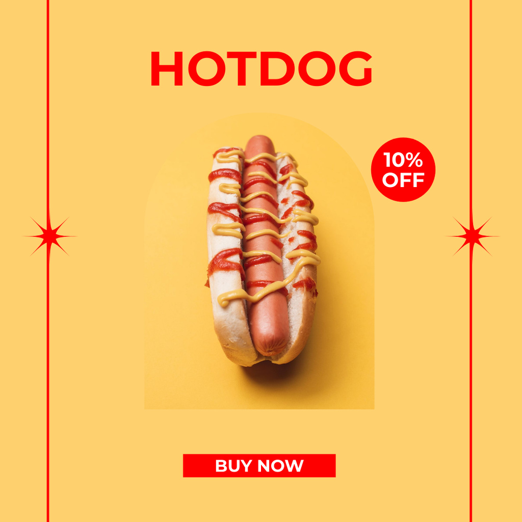 Fast Food Menu Offer with Tasty Hot Dog Instagramデザインテンプレート