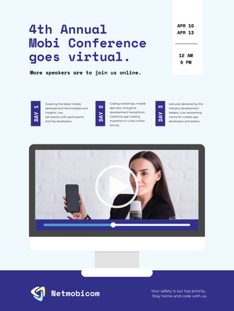 Designvorlage Online-Konferenzankündigung mit Sprecherin auf dem Bildschirm für Poster US