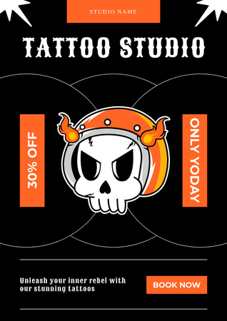 Skull In Helmet And Tattoo Studio Service With Discount Offer Poster Design Template