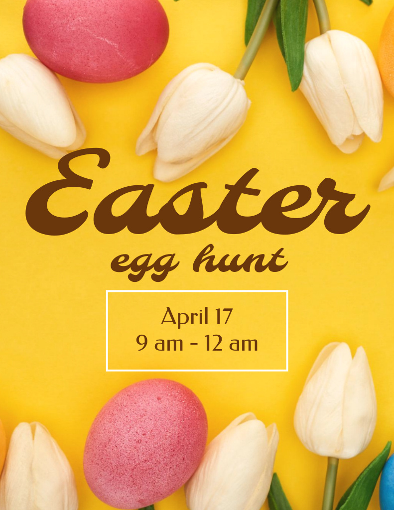 Easter Egg Hunt Announcement with Tulips on Yellow Flyer 8.5x11in Design Template