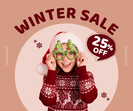 Smiling Little Girl Wearing Funny Glasses in Form of Christmas Trees Facebook Design Template