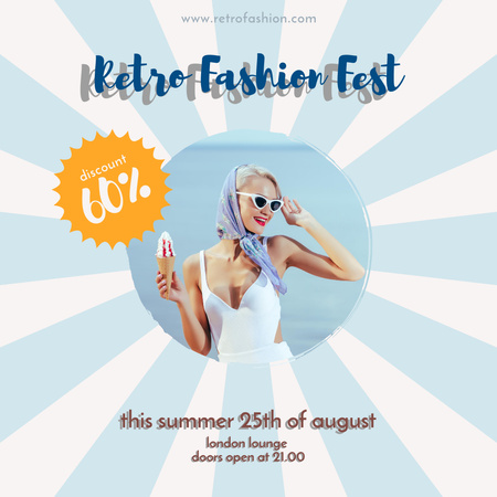 Retro Fashion Festival Announcement in Blue and White Instagram Design Template