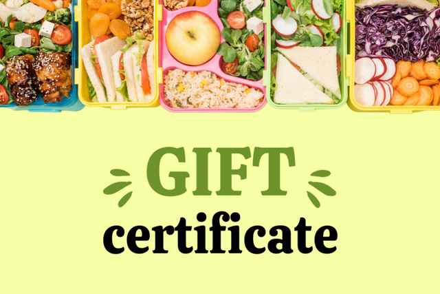 School Food Ad with Meal in Lunch Boxes Gift Certificate Design Template