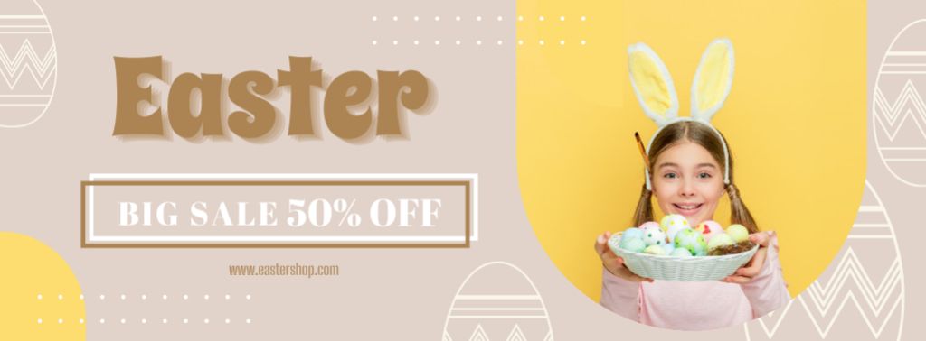 Cute Girl with Bunny Ears Holding Colored Eggs in Wicker plate Facebook cover Design Template