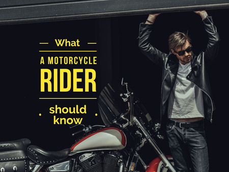 Young man in leather jacket near motorcycle Presentation Modelo de Design