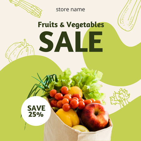 Fresh Veggies And Fruits In Cotton Bag With Discount Instagram Design Template