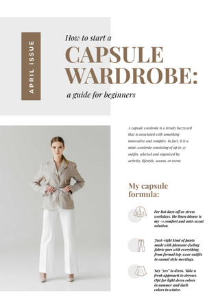 Szablon projektu Przewodnik po szafach na kapsuły z kobietą w stylowym garniturze Newsletter