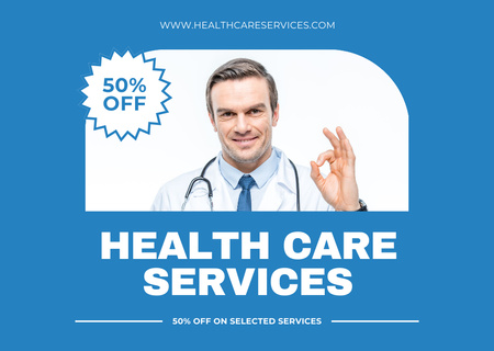 Healthcare Services Ad with Professional Doctor Card Design Template