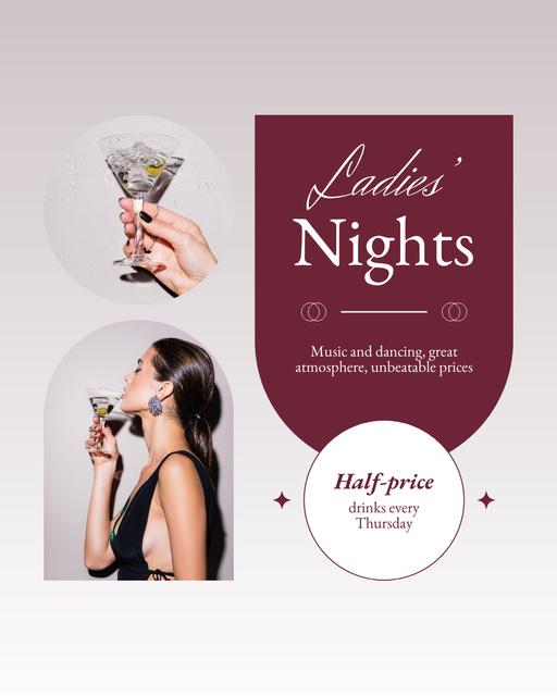 Half Price Drinks for Women's Night Instagram Post Vertical Modelo de Design