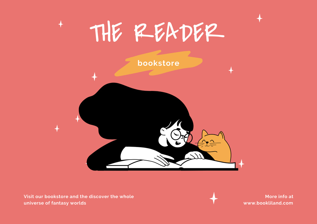 Ontwerpsjabloon van Poster B2 Horizontal van Girl reading Books with Cute Cat in Pink