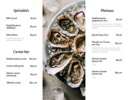 Designvorlage Seafood Restaurant Promotion With Oysters And Lemon für Menu 11x8.5in Tri-Fold