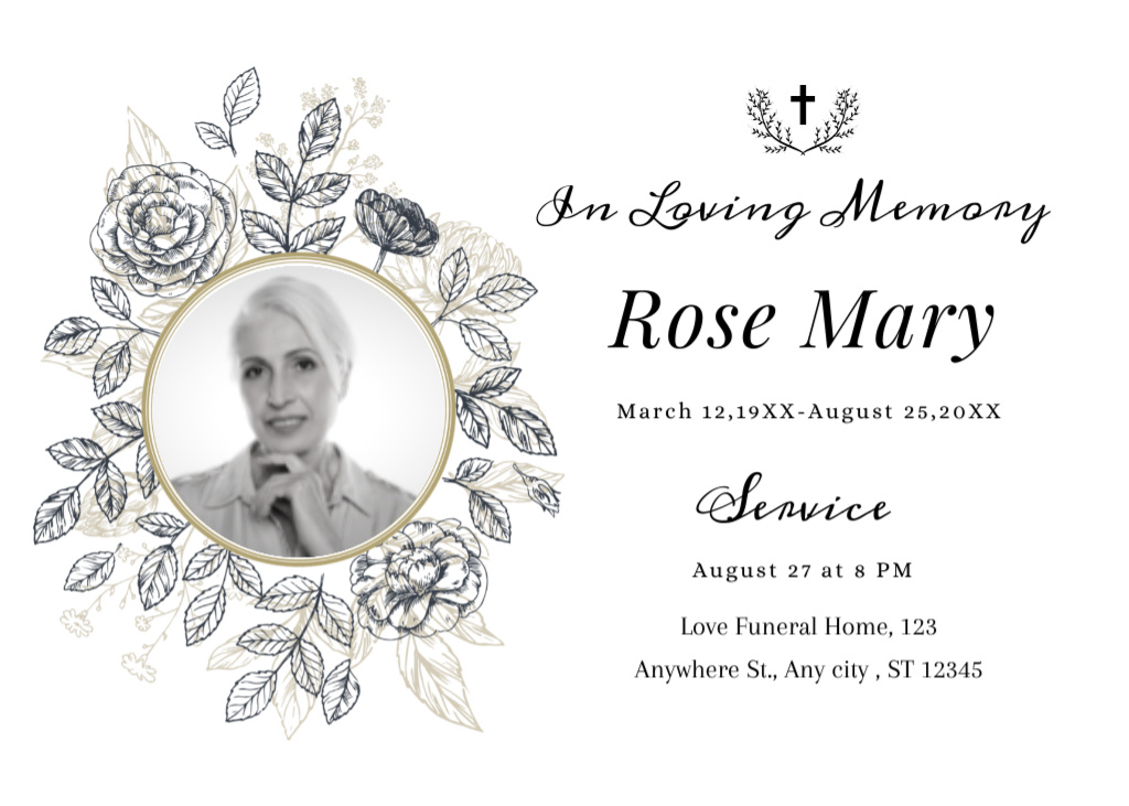 Funeral Ceremony Announcement with Photo and Wreath Postcard 5x7in Design Template