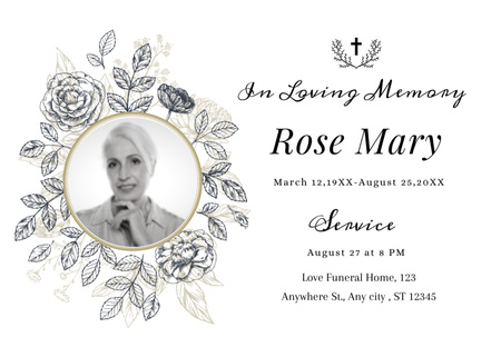 Anúncio da cerimônia fúnebre com foto e coroa de flores Postcard 5x7in Modelo de Design