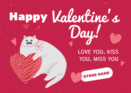 Valentine's Day Greeting with Cute Big Cat Postcard Design Template