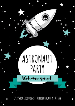 Designvorlage Astronaut party announcement with Rocket in Space für Flyer A4