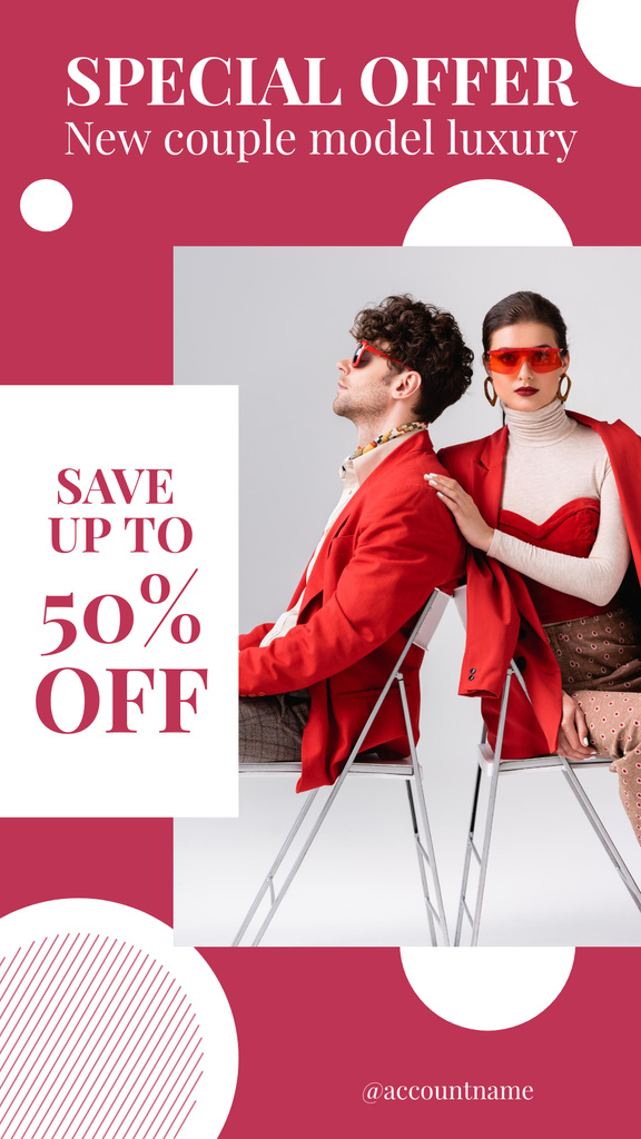 Fashion Ad with Stylish Couple in Red Clothes Instagram Story Modelo de Design