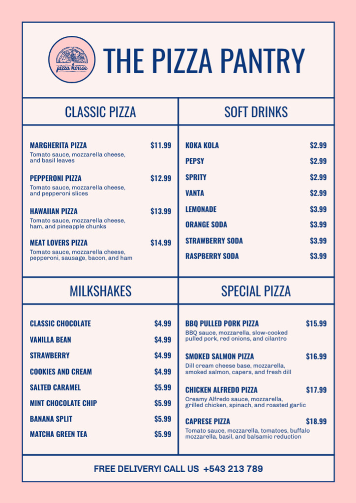 Various Pizza And Drinks In Pizzeria Offer Menu – шаблон для дизайна