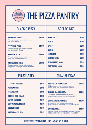 Designvorlage Verschiedene Pizza und Getränke im Pizzeria-Angebot für Menu