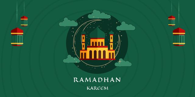 Designvorlage Ramadan Greetings with Illustrated Mosque And Lanterns für Twitter