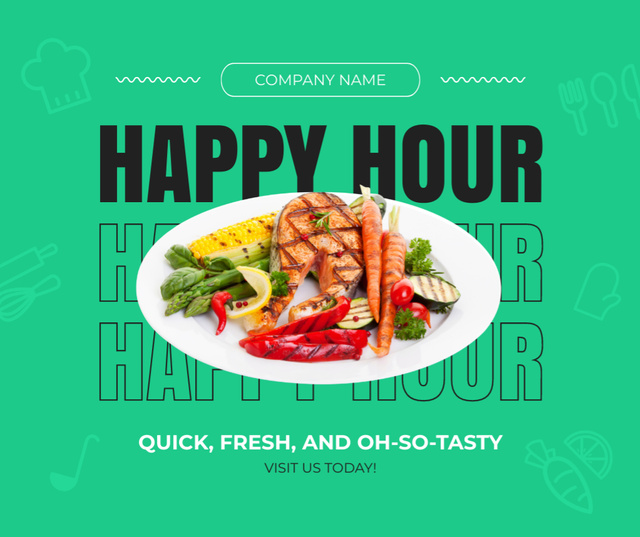 Ontwerpsjabloon van Facebook van Happy Hour Promo with Tasty Cooked Salmon