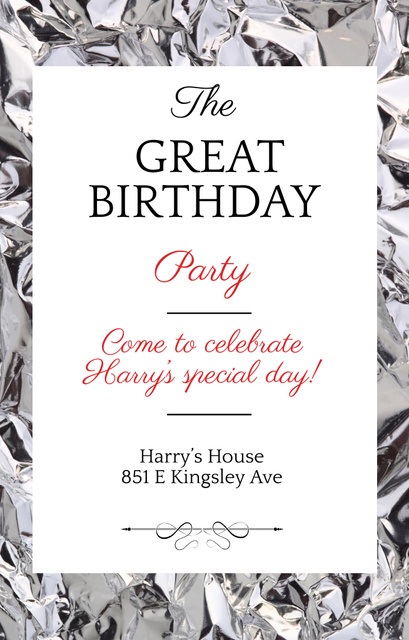 Birthday Party Celebration on Silver Foil Invitation 4.6x7.2in Design Template