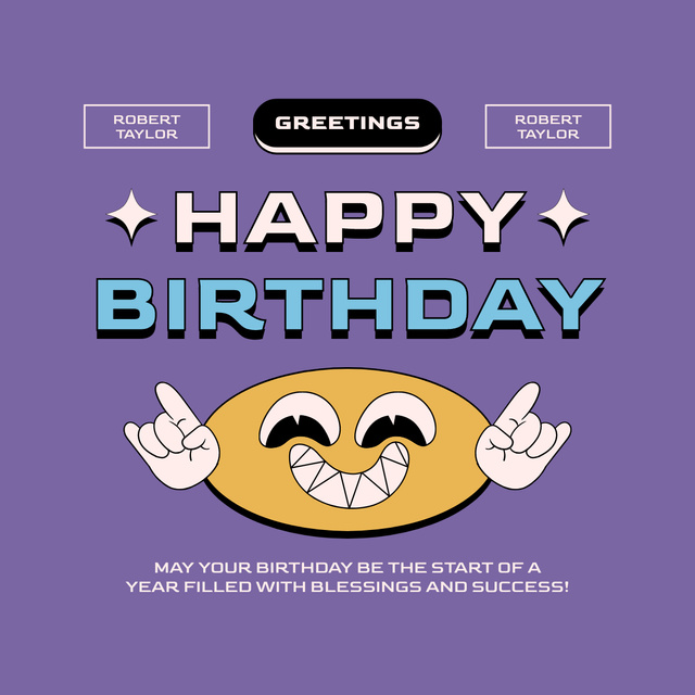 Happy Birthday Congratulation with Emoji on Purple LinkedIn postデザインテンプレート