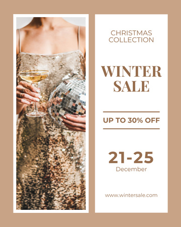 Plantilla de diseño de Rebajas de invierno con mujer en traje de fiesta brillante Instagram Post Vertical 