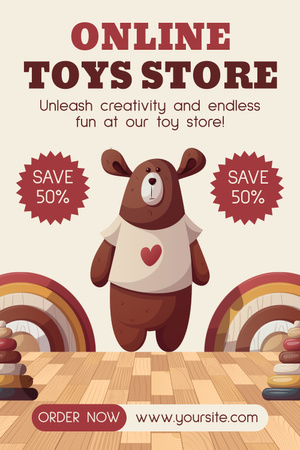 Discount on Toys in Online Store with Teddy Bear Pinterest Design Template