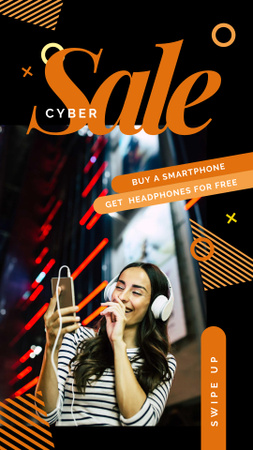 Cyber Monday Sale Woman listening music on smartphone Instagram Story Design Template