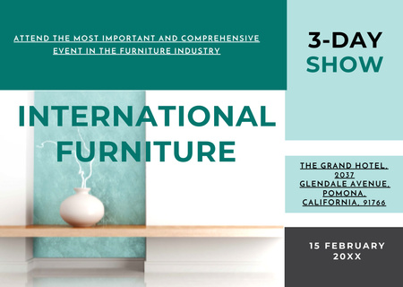 Designvorlage Ankündigung einer modernen Möbelmesse mit dekorativer Vase für Flyer A6 Horizontal