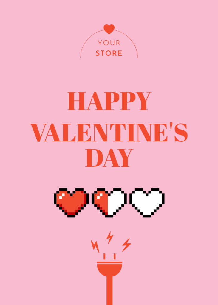Valentine's Day With Bright Pixeled Hearts Postcard 5x7in Vertical Design Template
